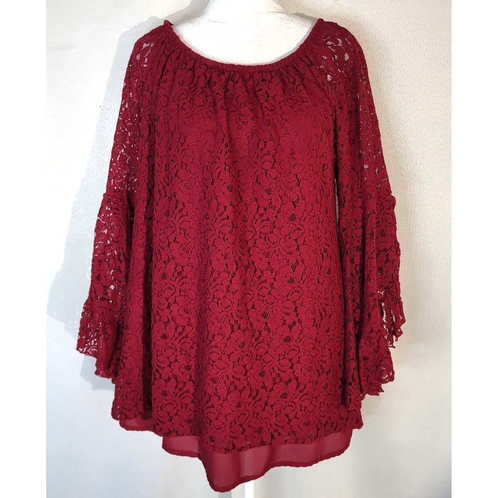 Forgotten Grace Burgundy‎ Lace Off Shoulder Bell Sleeve Top Women's Size L